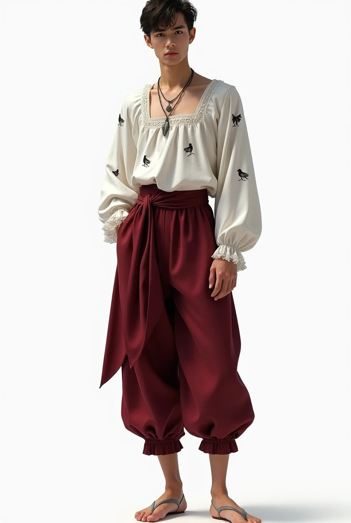 Whole body, Slim young man,ballet square neck shirt,small lace crow prints,silk fabric, silver jewelry,along with pants with a skirt behind, medieval, silver jewelry, wine red colors, negro, white,ancient heramonal, delicate, Royals, delicate, Simple, fondo white, vista Whole body, Silk fabrics with ruffles, lace, ballet shoes without straps