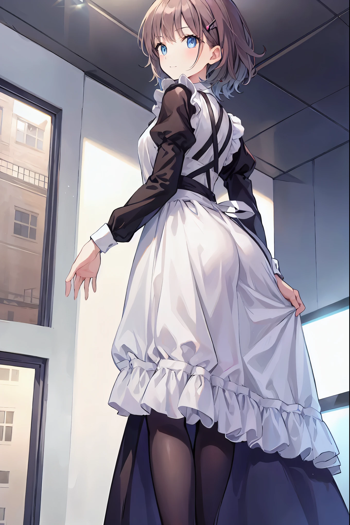 Brown Hair,Shortcuts,Messy Hair,Slender beauty,A dignified posture,Small chest,Beautiful feet,Her captivating grey-blue eyes shine like stars,masterpiece, Highest quality, Very detailed, High resolution, Very detailedCG, smile,、Stylish cafe、Rear view、((From below:1.2)), From the back, cute、Big round eye-aid costume、Maid Costume、Hunchback, Surprised face