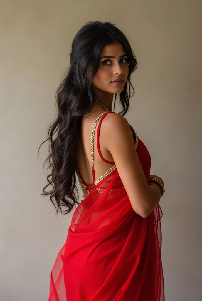 A Indian girl wearing red saree with backless blouse that red transparent saree with heels Normal size bobes.
