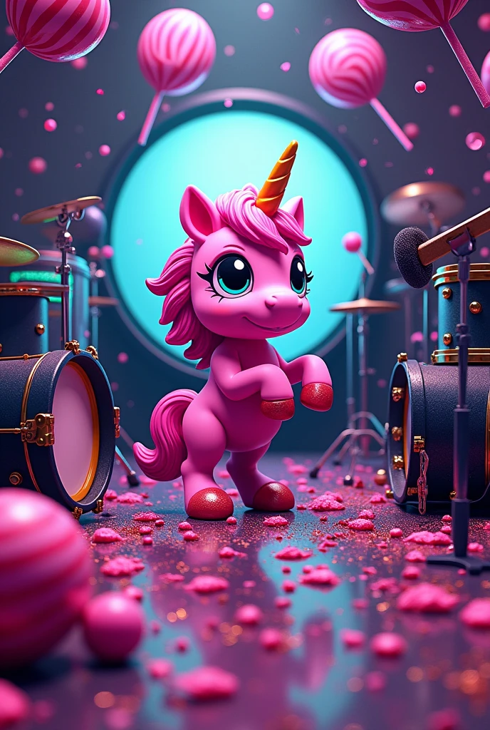 A street style cartoon inspired circular rock metal band logo that portrays a studio that has drum set, electric guitar, bass guitar and microphone stand with a toy pink unicorn, pink glitters, and pink lollipops scattered all around. It has pieces of gum splattered around and letters saying "mwamwa chupchup" viewed in fish eye birds view