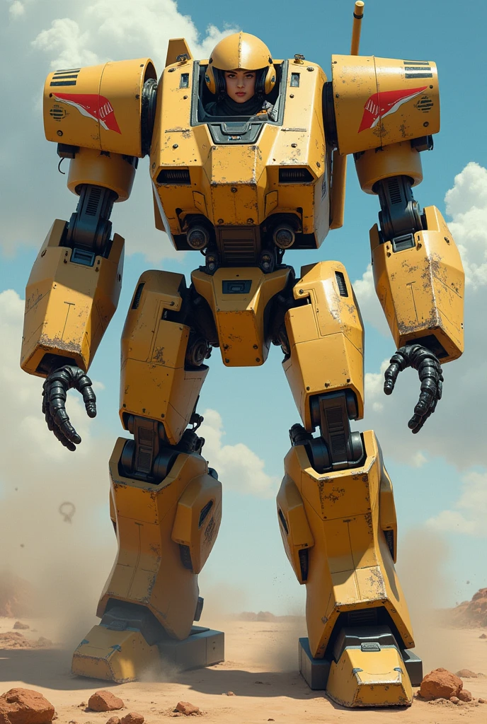 8k,Realistic Skin Texture、superrealism、Realistic Photo、A Japanese-American female pilot in the near-future American military is piloting a large robot, seated in the cockpit located in the robot's abdomen.、Damaged sand beige battle armor robot、A painted fox mark on the armor、Near-future、Painting of the unit and identification number、Peeling paint、Oil stains、Detailed Description、Dynamic pose、Armored Core