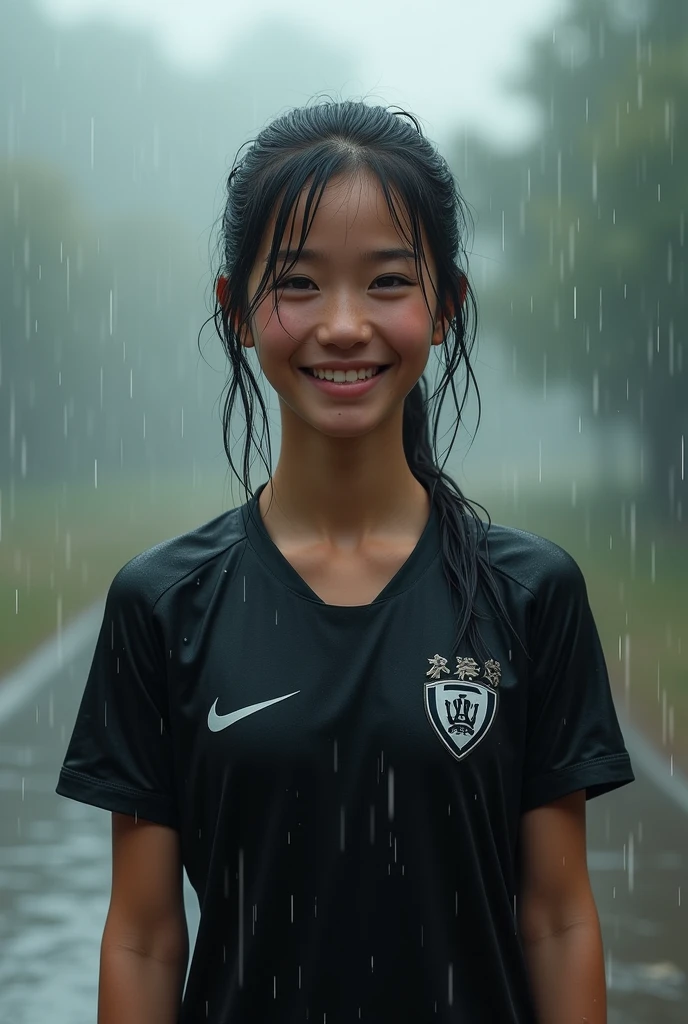 The girl wearing a black football shirt was wet with water but smiled sweetly

