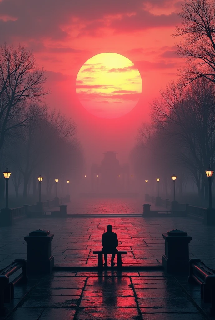 Huge round square in the city center with stone walls and lamp posts, with several scattered trees without leaves as if it were a forest and fog and a lonely man sitting on a bench in the center of the square, only sunrise with red sky,Orange and Pink , sun appearing without clouds