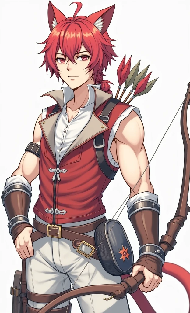 Handsome guy with red hair, small braid, cat red ears, Cat's Red Tail, Red hair, on his back is a bow and a quiver with arrows, Beautiful face, beautiful body, super detailed, professional quality, anime art, red vest with a high collar, there are metal bracers on the elbows, open shoulders, white pants, high brown boots, metal knee pads on the knees