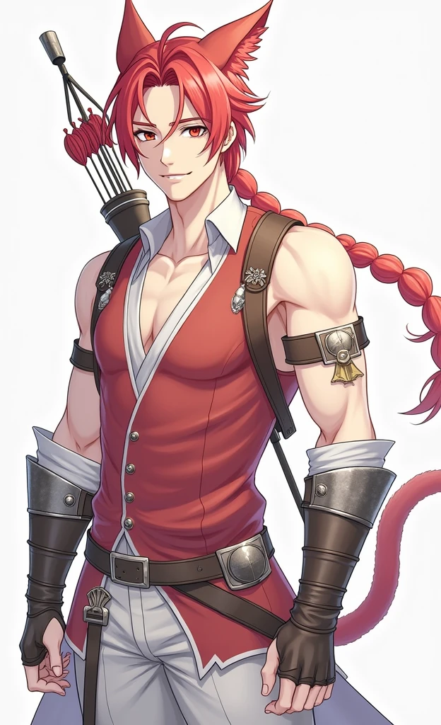 Handsome guy with red hair, small braid, cat red ears, Cat's Red Tail, Red hair, on his back is a bow and a quiver with arrows, Beautiful face, beautiful body, super detailed, professional quality, anime art, red vest with a high collar, there are metal bracers on the elbows, open shoulders, white pants, high brown boots, metal knee pads on the knees