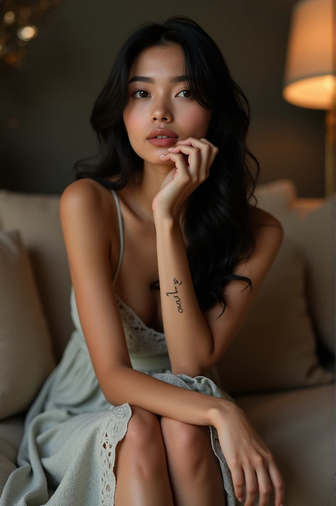 beautiful Nepali model Sonima posing sitting on a sofa. Her name is written in her hand as a tattoo.