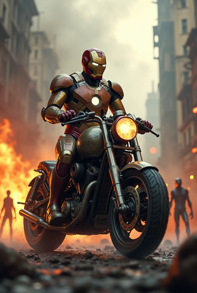 Iron Man on a motorcycle against the backdrop of a horde of zombies and burning buildings in steampunk style 