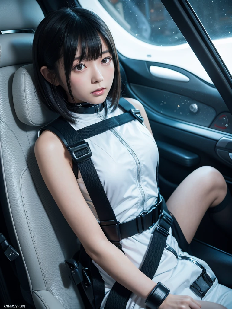 Japanese female android,Black Hair,Space capsule,I was completely strapped to the seat with a thick harness and couldn&#39;t move.,Plump,Big Breasts,Wide-legged squats,Silver steel robot suit,Surrounded by switches and monitors,