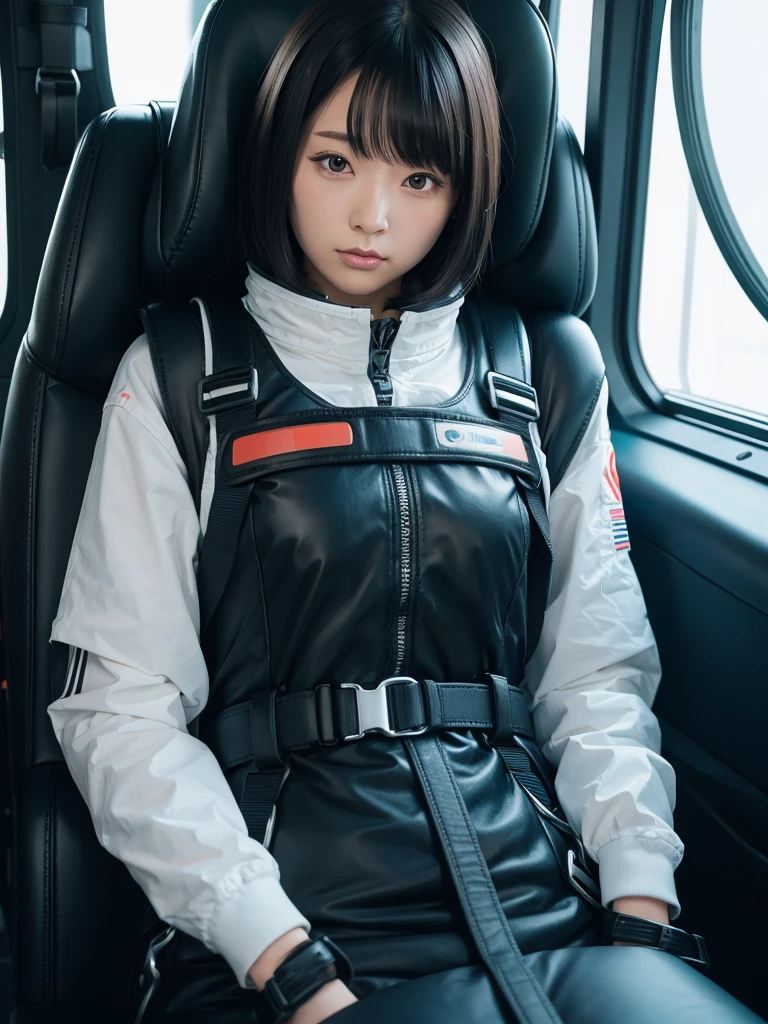 Japanese female android,Black Hair,Space capsule,I was completely strapped to the seat with a thick harness and couldn't move.,Plump,Big Breasts,Wide-legged squats,Silver steel robot suit,Surrounded by switches and monitors,