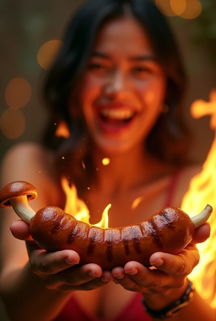 make the words "a stick of grilled mushroom sausage with a tip that expands like a mushroom with a split tip full of melted mayonnaise spewing out mayonnaise Cock shaped sausage " that burns with flames coming out of the hands of a beautiful Thai girl who laughs feeling funny with freestyle, photo 8k, 16k best resolution