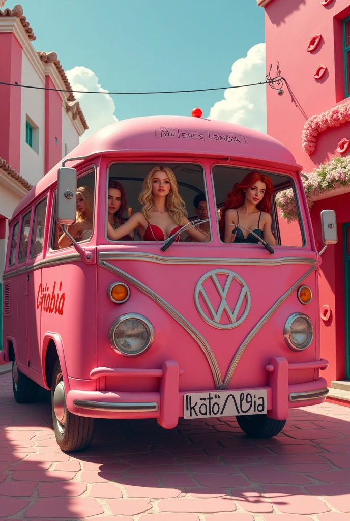 One pink bus with some beautiful blonde and redhead girls wearing sexy lingerie inside waving at the viewer, is parked in front of a pink public bus in a pink spanish small town with pink buildings, there's a sign in the wall of the bus with the word "Mujereslandia" and big red signs of 💋 on very wall.