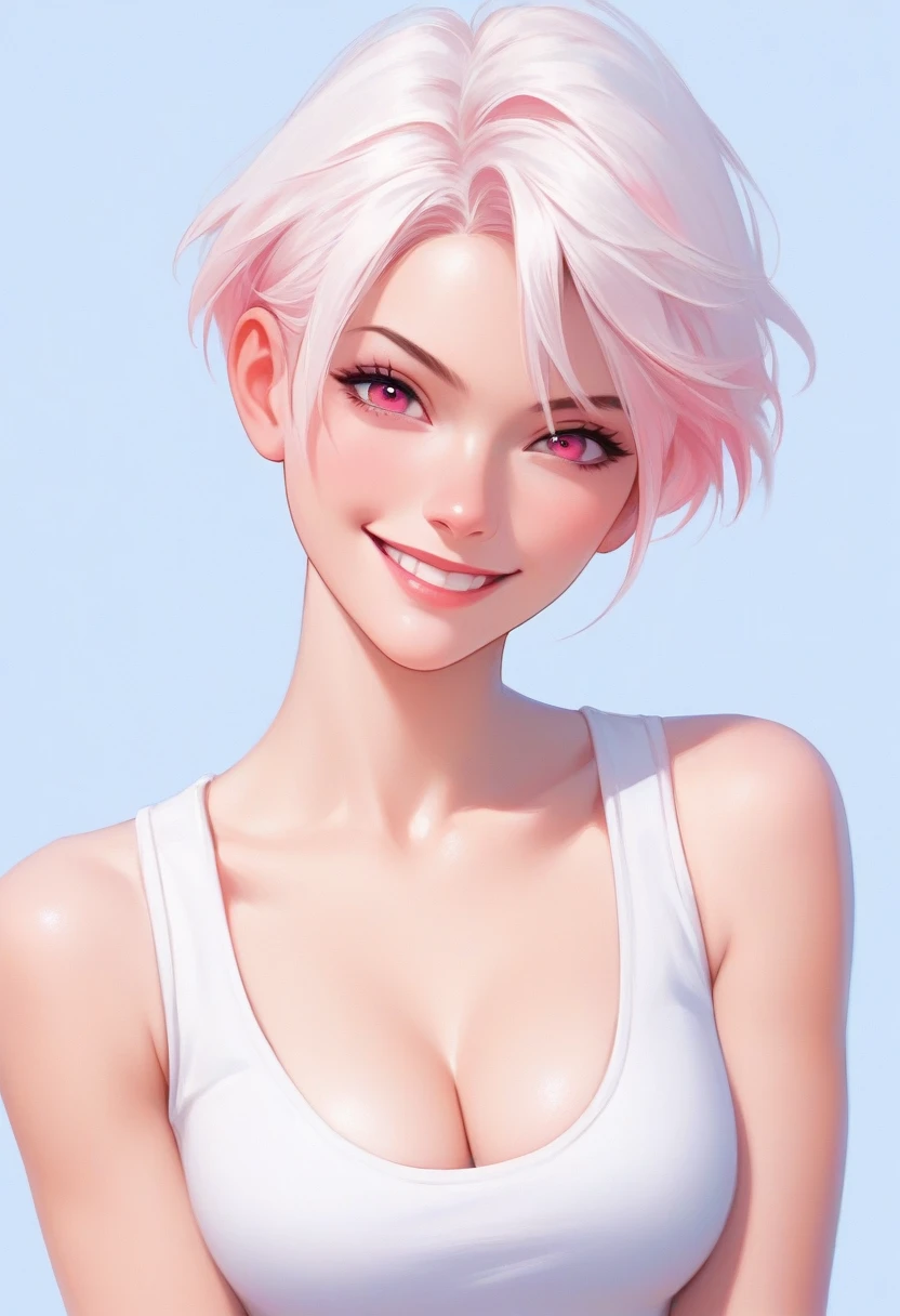 score_9, score_8_up, score_7_up,source_anime, high res image,masterpiece,best quality,girl,cute face,clear skin,simple_background,white hair,short hair,pink eyes,inner_pink_hair,smirk,cleavage,
