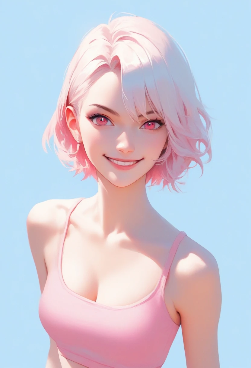 score_9, score_8_up, score_7_up,source_anime, high res image,masterpiece,best quality,girl,cute face,clear skin,simple_background,white hair,short hair,pink eyes,inner_pink_hair,smirk,cleavage,