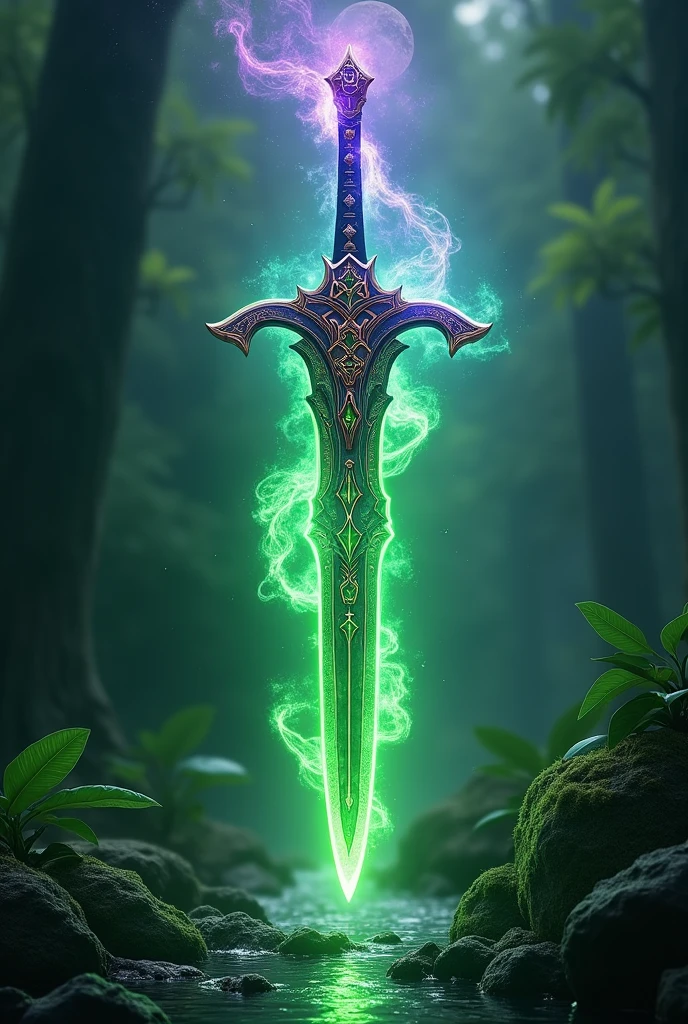 Sword of life creation green with purple mystycal aura,killing aura,the moon slash,earth shatter,ultra detailed black rune on sword,divine god weaponery,ultra detailed sword,full of life background,many plant background,fairy breath everywhere,the river of life,super high realistic sword,better quality, 24K ultra hd,((masterpiece))undefined, undefined, undefined, undefined, undefined, undefined, undefined, undefined, 