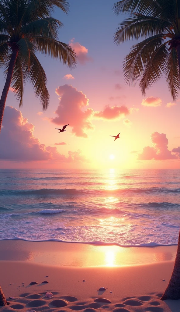 Setting: A serene beach at sunset, where the sky transitions from warm golden hues to soft purples and blues as it meets the horizon.Details: The foreground features gentle waves lapping at the sandy shore, with a few seashells scattered around. Tall, slender palm trees frame the sides, their leaves swaying in the breeze. A couple of seagulls glide above the water, silhouetted against the colorful sky. The ocean sparkles under the fading sunlight, with subtle reflections on the water’s surface.Vibe: The overall mood is peaceful and tranquil, evoking a sense of calm as day turns into night.