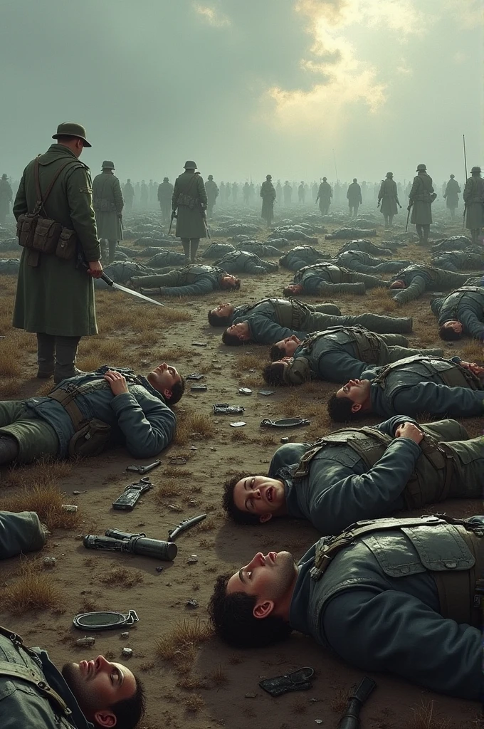 **The Aftermath of the Battle**: A somber depiction of the battlefield after the war, with numerous fallen soldiers from both armies, showcasing the devastation and the high cost of the conflict.
