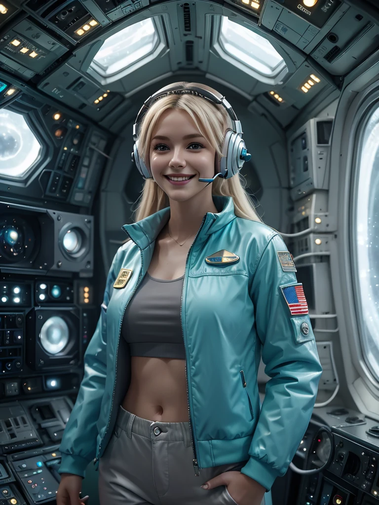 Beautiful blonde woman(best quality,4k,8k,highres,masterpiece:1.2),ultra-detailed,(realistic,photorealistic,photo-realistic:1.37),HD,sky1, stunning detailed, a 30 year old woman in grey cloth trousers, a white shirt and teal jacket white trainers, she is standing in the crew quarters of a giant space craft, she is smiling at the camera, she is in a large room, night time through the windows, space nebulas and controls, she is wearing headphones and has a gold badge,