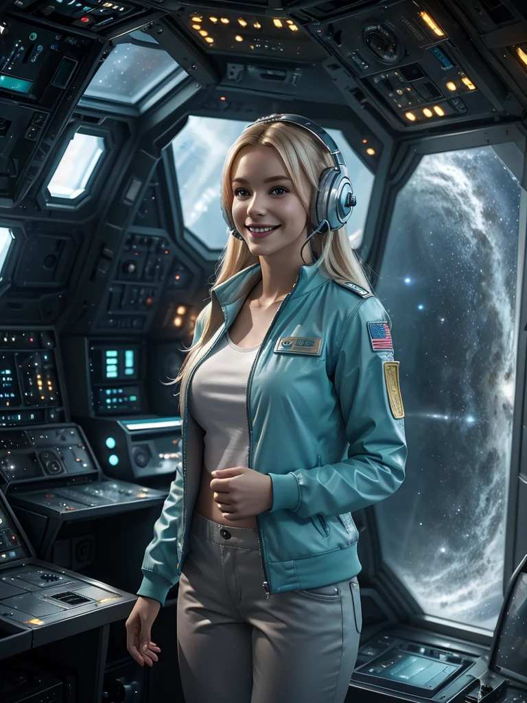 Beautiful blonde woman(best quality,4k,8k,highres,masterpiece:1.2),ultra-detailed,(realistic,photorealistic,photo-realistic:1.37),HD,sky1, stunning detailed, a 30 year old woman in grey cloth trousers, a white shirt and teal jacket white trainers, she is standing in the crew quarters of a giant space craft, she is smiling at the camera, she is in a large room, night time through the windows, space nebulas and controls, she is wearing headphones and has a gold badge,