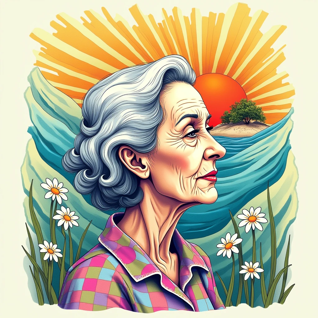 black background,psychedelic, hippie from the 60s hand-drawn aesthetic.center feature watercolor hand drawn silhouette of portrait of an elderly woman in profile,capturing the details of her face, highlighting the wrinkles and contours,Use cool blues and greens for her clothing,depict her hair in various shades of white and gray with subtle blue undertones,behind her is illustration of an island with a rising sun and rays extending outward, stylized waves, in the center. Use playful, tones light blue, yellow green.Incorporate the text 'Old White Women for Harris and Freedom' in bold, rounded typography font with a hand-drawn at the top and below,scattered small daisies 