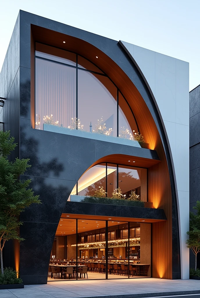 Restuarant facade architecture , a view of parametric 4th floors resturant facade with larg window , main material by glossy white wall and black stone and wood, RAW photo, real, best quality, masterpiece:1.2), look morden parametric , shime ring light, light brighteness from indoor:1.2, dynamic lighting: 1.3, (hyper realistic, photo-realistic:1.2), high quality, day lighht, hight contrast :0.5 perfect lighting, archdaily, award winning contemporary, masterpiece, well-designed masterpiece,