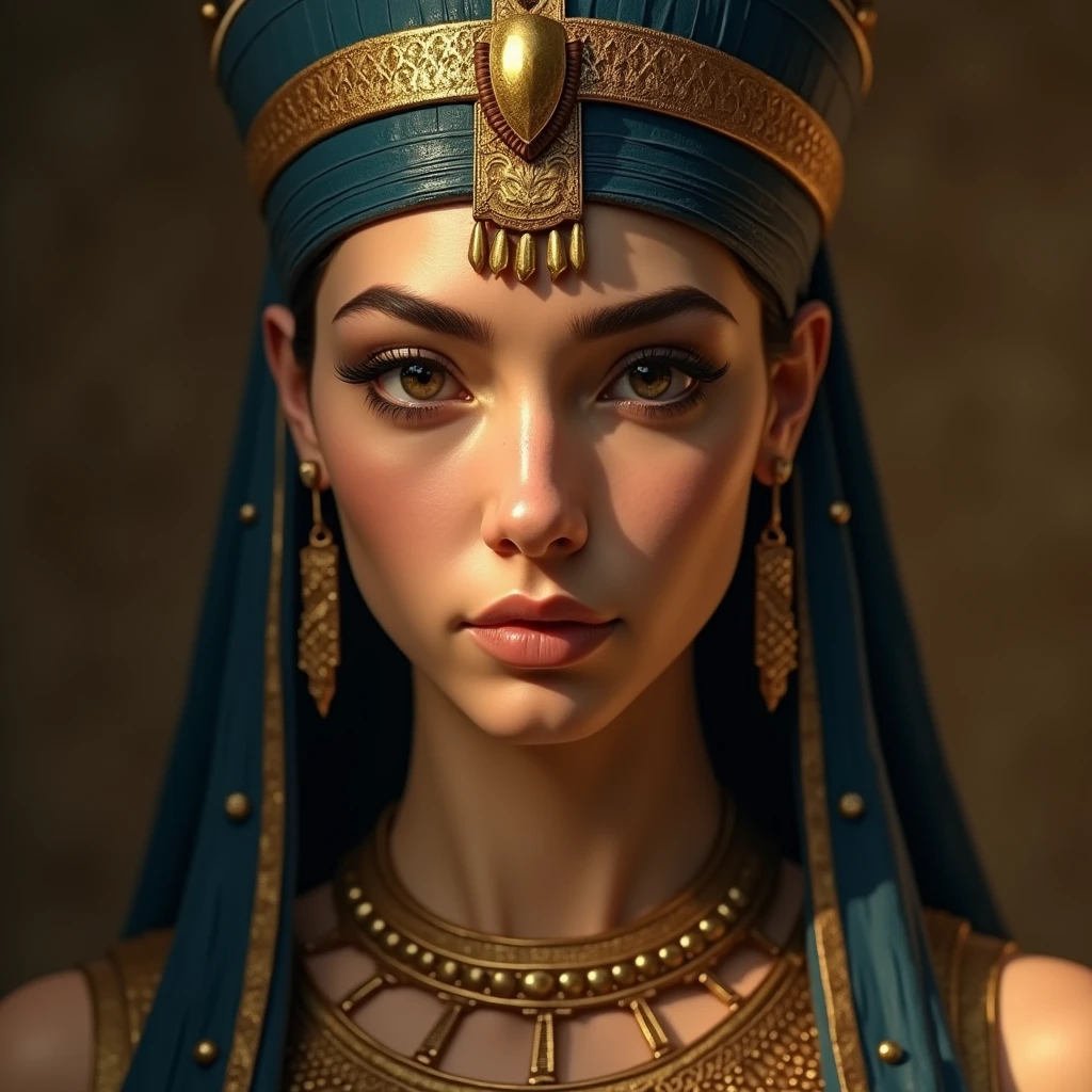 beautiful detailed eyes, beautiful detailed lips, extremely detailed eyes and face, longeyelashes, Egyptian queen, ancient times, 1girl, portrait, oil painting, intricate headdress, detailed jewelry, ornate accessories, detailed skin textures, warm lighting, soft shadows, elegant pose, photorealistic, (best quality,4k,8k,highres,masterpiece:1.2),ultra-detailed,(realistic,photorealistic,photo-realistic:1.37),dramatic lighting, cinematic colors, chiaroscuro, Renaissance art style