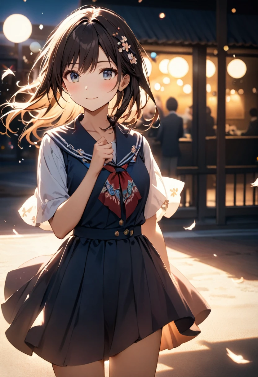 Highest quality,Delicate illustration,Detailed depiction, masterpiece, Boho Eye Hinai Girl, Playful Themes, Group of 2、Two girls、High school girls、Same uniform、Raw photo of a girl in uniform。Decorative details and symbols are often used。, Brown hair gently fluttering in the wind,Clear blue eyes、A gentle smile、Raw photo of a girl in uniform。Decorative details and symbols are often used。, Black hair gently fluttering in the wind,Clear red eyes、A gentle smile、 Long-distance shots, High Key Light, Hard Shadows, Soft bokeh, Professional photography, A balanced deal, Balanced Exposure,