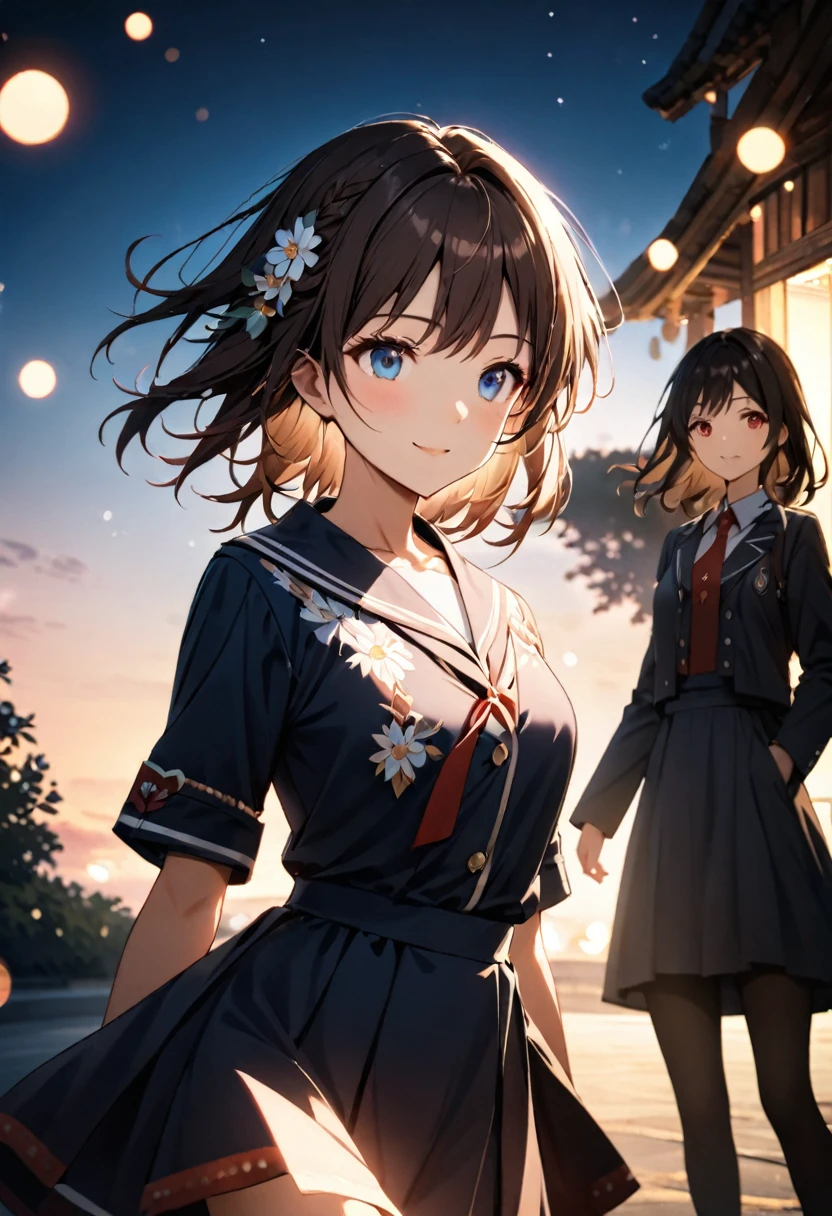Highest quality,Delicate illustration,Detailed depiction, masterpiece, Boho Eye Hinai Girl, Playful Themes, Group of 2、Two girls、High school girls、Same uniform、Raw photo of a girl in uniform。Decorative details and symbols are often used。, Brown hair gently fluttering in the wind,Clear blue eyes、A gentle smile、Raw photo of a girl in uniform。Decorative details and symbols are often used。, Black hair gently fluttering in the wind,Clear red eyes、A gentle smile、 Long-distance shots, High Key Light, Hard Shadows, Soft bokeh, Professional photography, A balanced deal, Balanced Exposure,