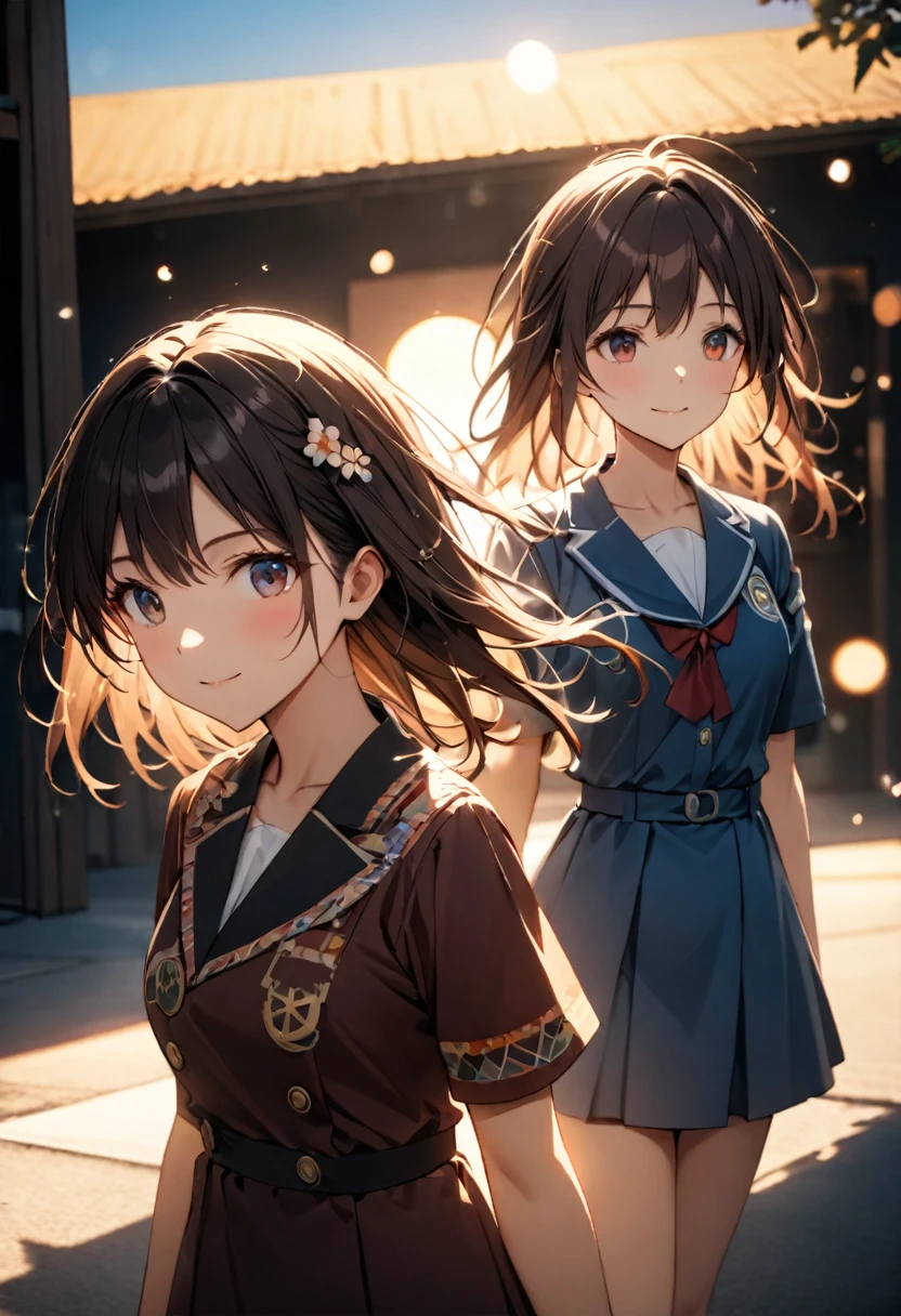 Highest quality,Delicate illustration,Detailed depiction, masterpiece, Boho Eye Hinai Girl, Playful Themes, Group of 2、Two girls、High school girls、Same uniform、Raw photo of a girl in uniform。Decorative details and symbols are often used。, Brown hair gently fluttering in the wind,Clear blue eyes、A gentle smile、Raw photo of a girl in uniform。Decorative details and symbols are often used。, Black hair gently fluttering in the wind,Clear red eyes、A gentle smile、 Long-distance shots, High Key Light, Hard Shadows, Soft bokeh, Professional photography, A balanced deal, Balanced Exposure,