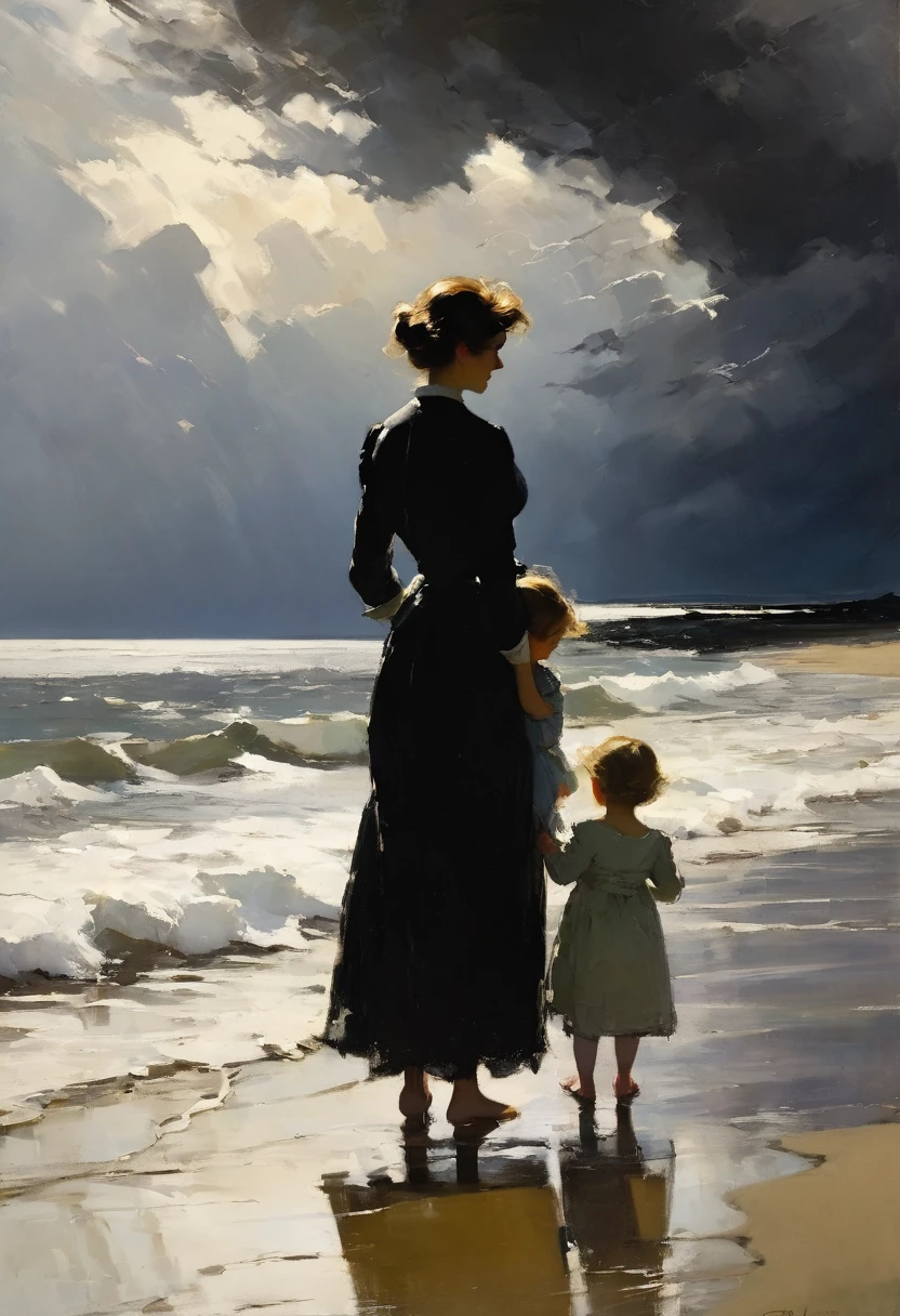 In the style of American impressionist paintings, Frank Weston Benson style, a mother and child standing on the beach looking at the sea, dark sand, rough sea, black clouds, the sky is threatening a storm,