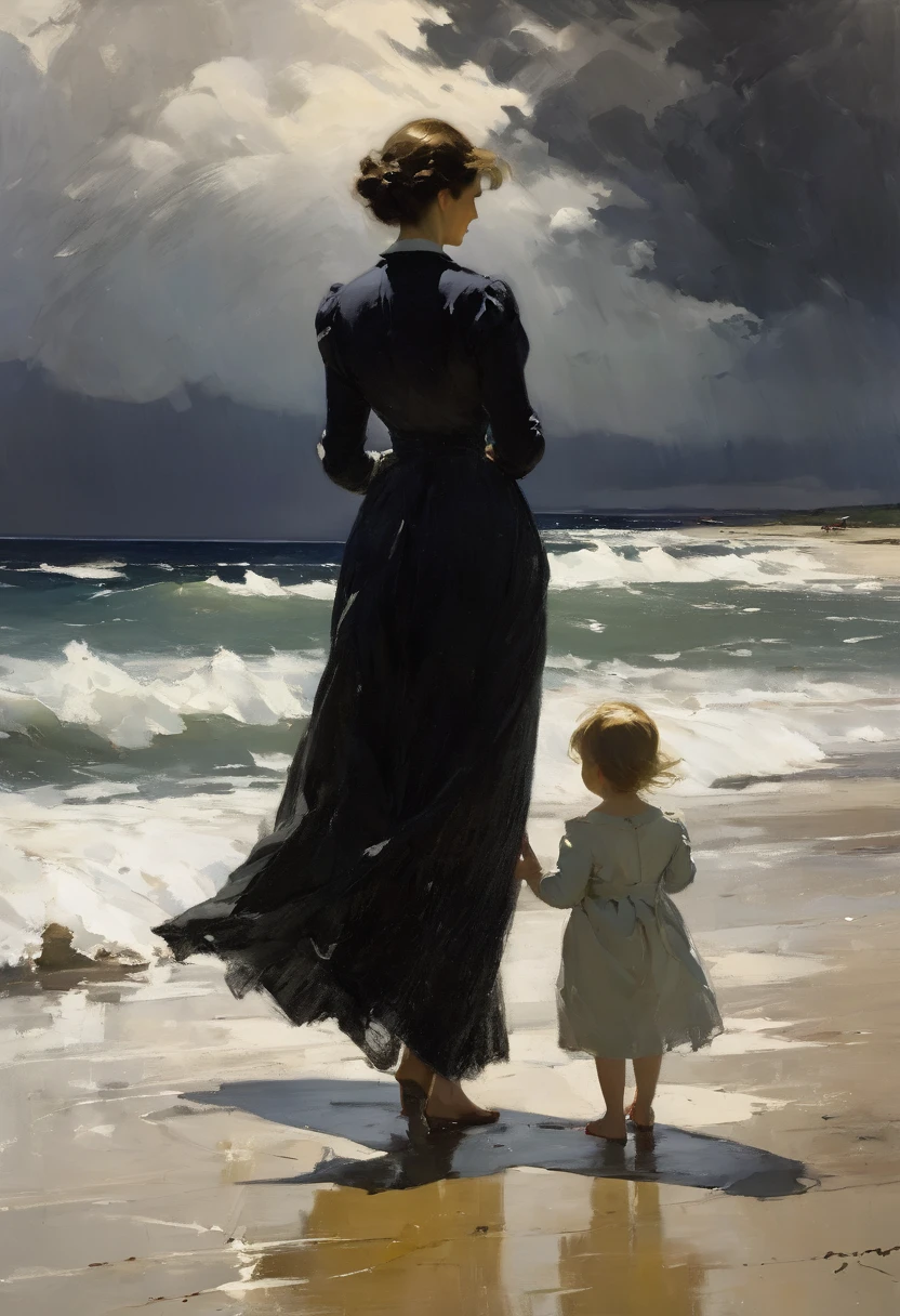 In the style of American impressionist paintings, Frank Weston Benson style, a mother and child standing on the beach looking at the sea, dark sand, rough sea, black clouds, the sky is threatening a storm,