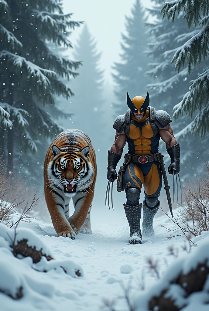 Wolverine and Sabretooth Tiger: Wolverine in a dense, snowy forest, with a massive sabretooth tiger at his side, both ready for an epic battle against their enemies.wolverine riding sit up sabretooth tiger