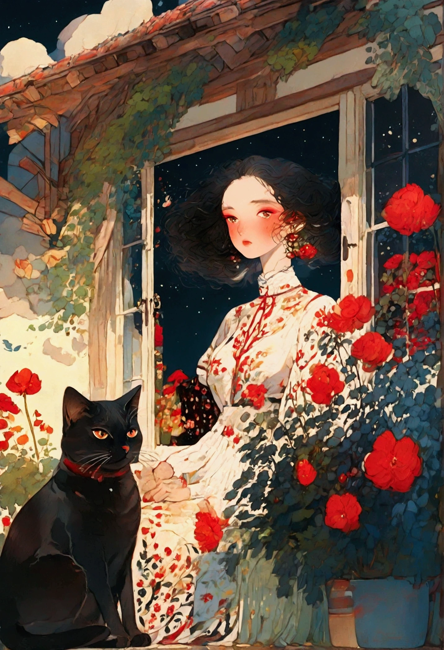 beautiful woman, (((full body))), ((background outdoor house)), (best quality), 1girl, solo A room with glass windows, curtains, a young woman with long black hair, red hair , White eyes with red pupils stare at sky, sitting on a chair, She is sitting and drink wild in front of the house., There are flowers, flower pots, a table, a wine glass, a wine bottle, a lamp, a black cat, Outside the window, there is a dark sky and stars. Cozy house,