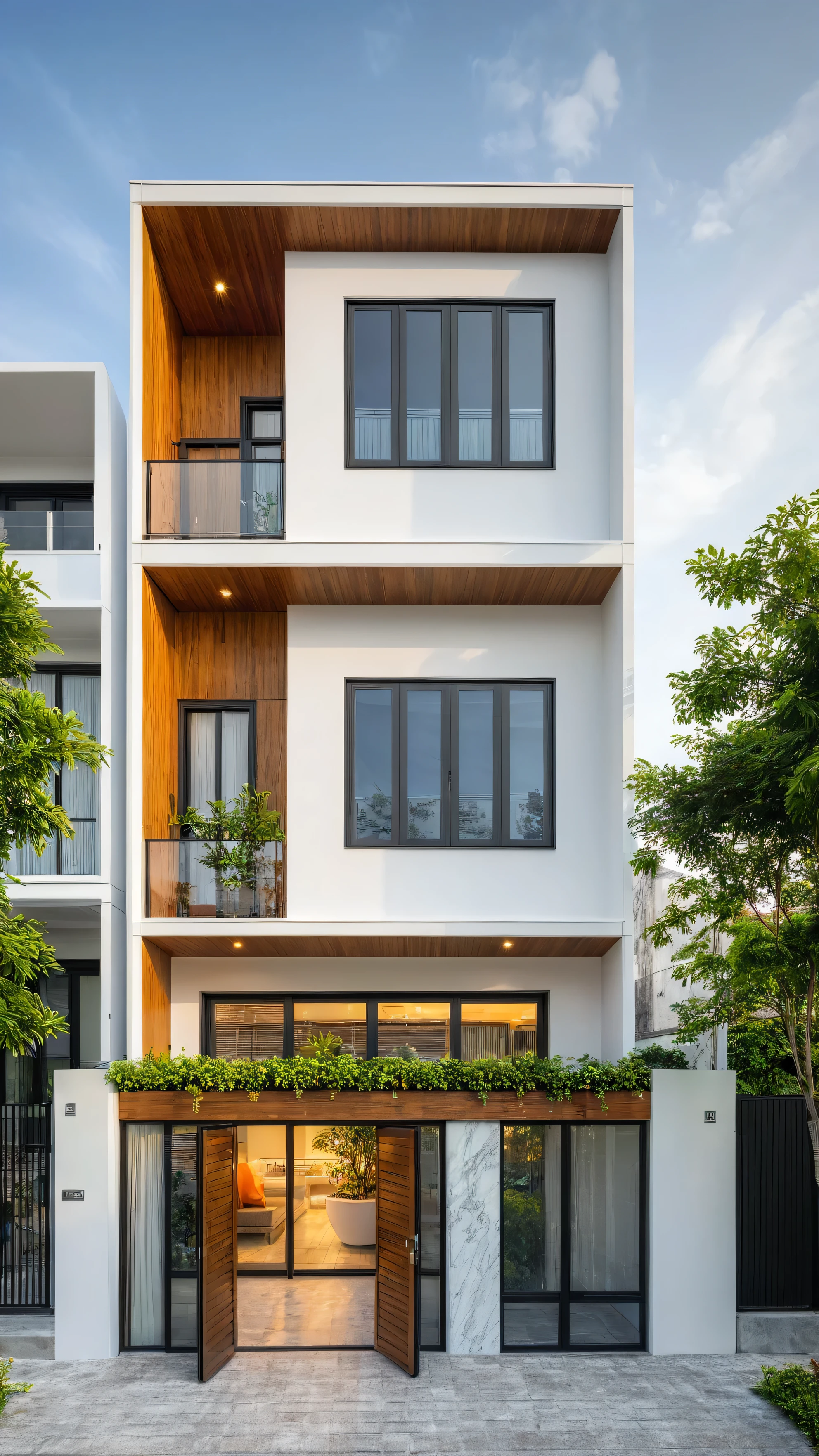 modern townhouse on street, (sunset), tropical tree, vivid colour, streetcapes, white tone, white wall, large glass door, (warm interior lighting:1.2), wood and marble, best quality, 18ArchiAI_VL-v1