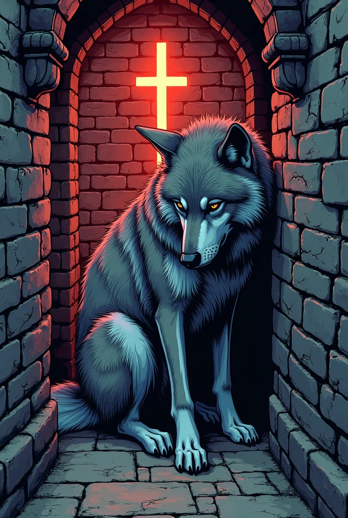 A very sad, tame wolf with its head down, they are inside a medieval brick tower, I want vibrant and very eye-catching colors, comic book style.