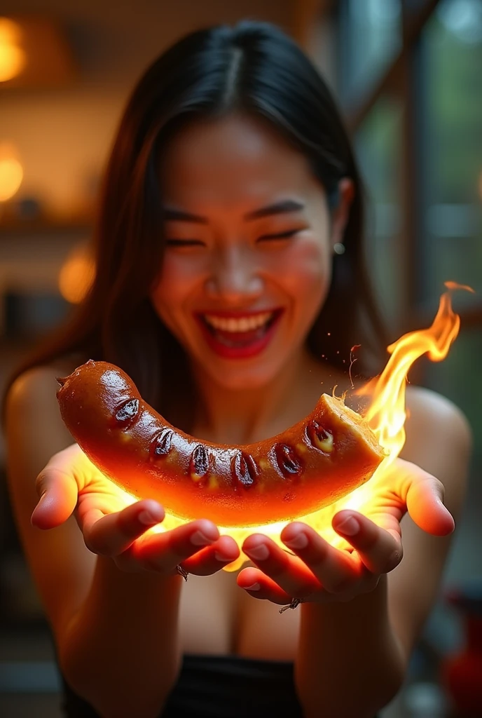 make the words "a stick of grilled mushroom sausage with a tip that expands like a mushroom with a split tip full of melted mayonnaise spewing out mayonnaise Cock shaped sausage " that burns with flames coming out of the hands of a beautiful Thai girl who laughs feeling funny with freestyle, photo 8k, 16k best resolution