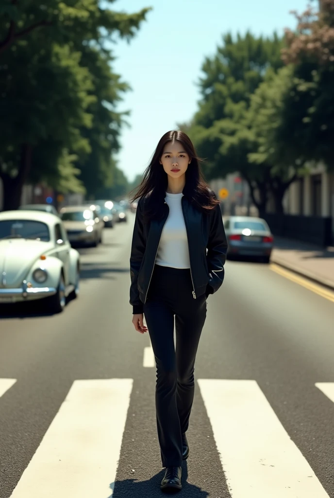 (photorealism:1.2), an image that resembles the iconic album cover of the beatles "abbey road", an korean woman with long black hair, wearing a black jacket, white shirt, black pants, black shoes, walking across the zebra crossing in abbey from left to right with her head turned towards the cameraman, there is a classic white Volkswagen Beetle parked on the road on the left and further down the road on the right side there are more cars and trees lining the road. This image is very famous and often imitated in popular culture,