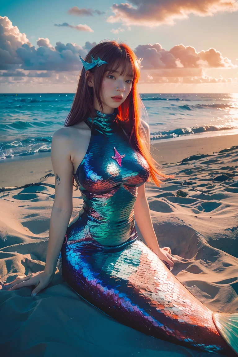 ((masterpiece, best quality, extremely detailed), volumetric lighting, ambient occlusion, colorful, glowing), 1girl, solo, young girl, (red hair), long hair, goddess, cyber suit, (mermaid design:1.3), outdoors, sunset, sky, clouds, beach, sea, , (cyberpunk theme:1.2),