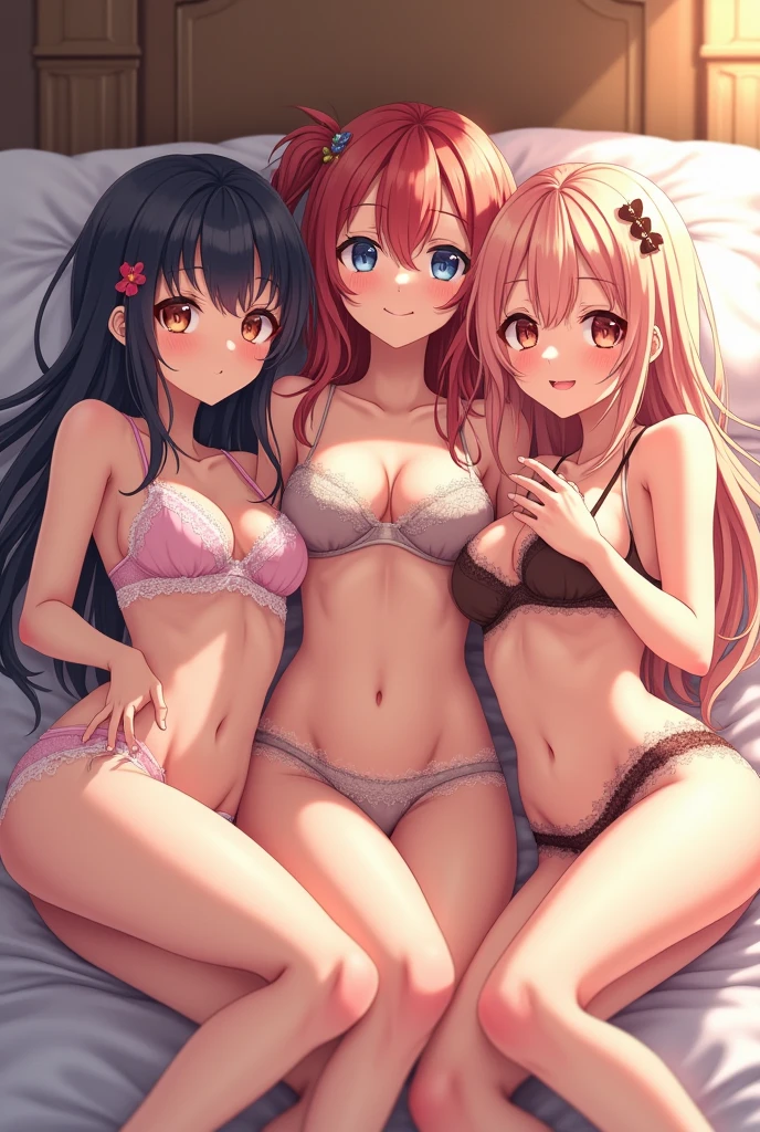 A group of anime girls in bed wearing lingerie