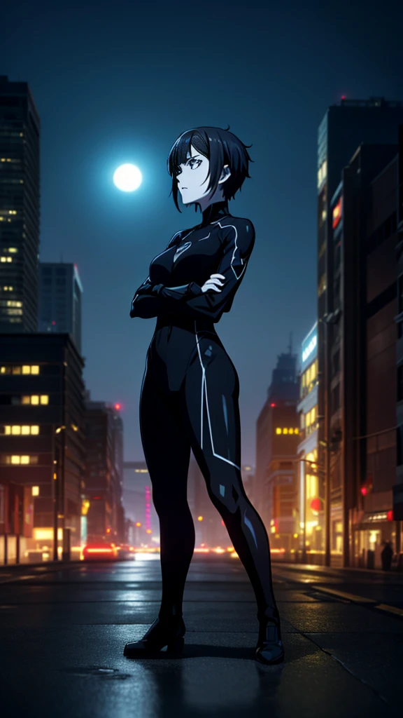 (A Gorgeous 30 Years Old British Female Vampire Mercenary), (Messy Short Wolfcut Black Hair:1.4), (Pale Skin:1.2), (Blue Eyes), (Wearing Black Tight Infiltration Suit:1.6), (Moonlit City Buildings at Night:1.4), (Crossed Arms Pose:1.4), Centered, (Half Body Shot:1.4), (From Front Shot:1.4), Insane Details, Intricate Face Detail, Intricate Hand Details, Cinematic Shot and Lighting, Realistic and Vibrant Colors, Sharp Focus, Ultra Detailed, Realistic Images, Depth of Field, Incredibly Realistic Environment and Scene, Master Composition and Cinematography