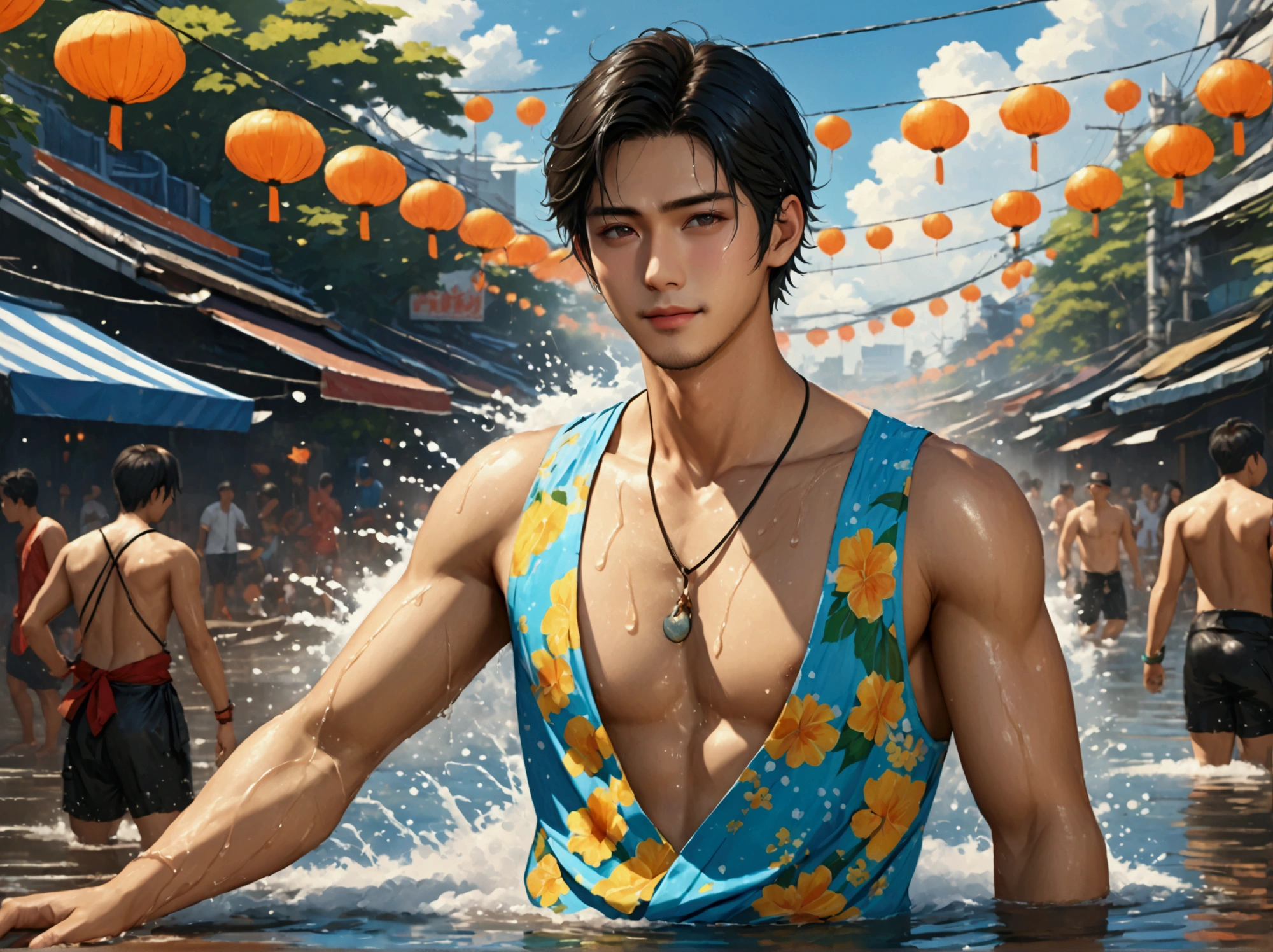 Japanese,25-30 years old , handsome, the weather is summer,Wear summer sex clothes,For example, top tank(Super detailed, Realistic, best quality, 4K, 8k, High resolution, masterpiece:1.3)The background is Bangkok, Thailand, the Water Splashing Festival,wet,happy