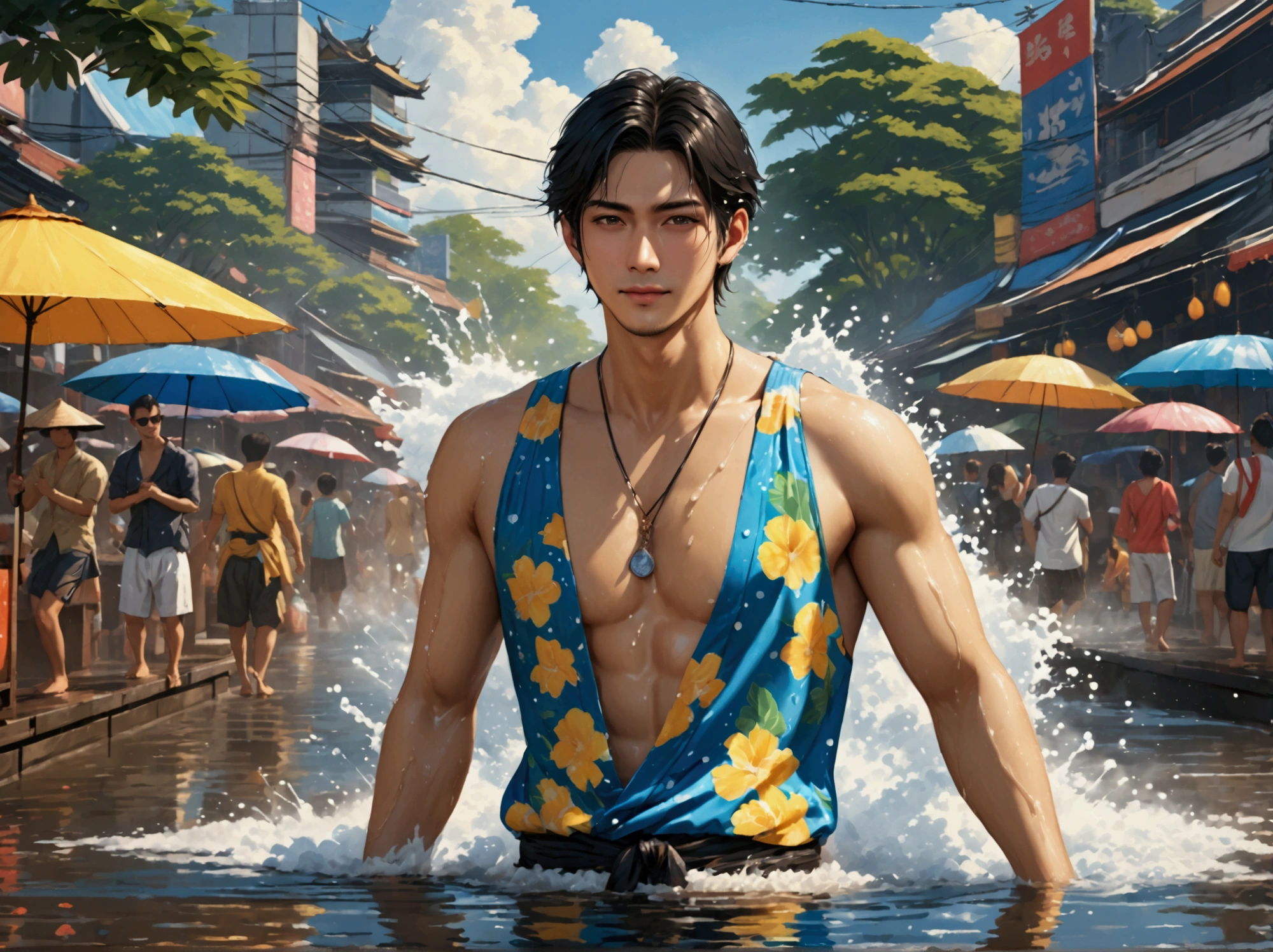Japanese,25-30 years old , handsome, the weather is summer,Wear summer sex clothes,For example, top tank(Super detailed, Realistic, best quality, 4K, 8k, High resolution, masterpiece:1.3)The background is Bangkok, Thailand, the Water Splashing Festival,wet,happy