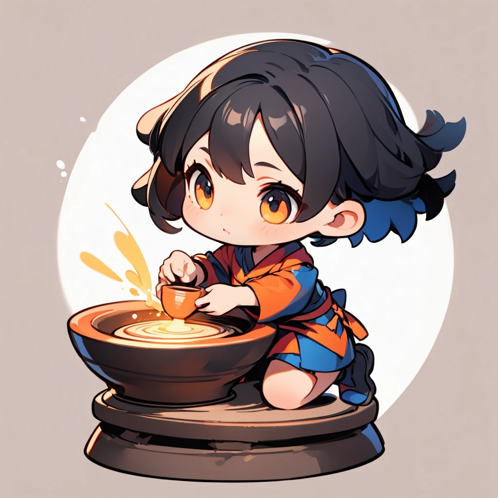 ultra-small deformation, Chibi Cute, 1girl, solo, full body, sitting on a large potter's wheel, making pottery, High contrast and vivid color, simple background