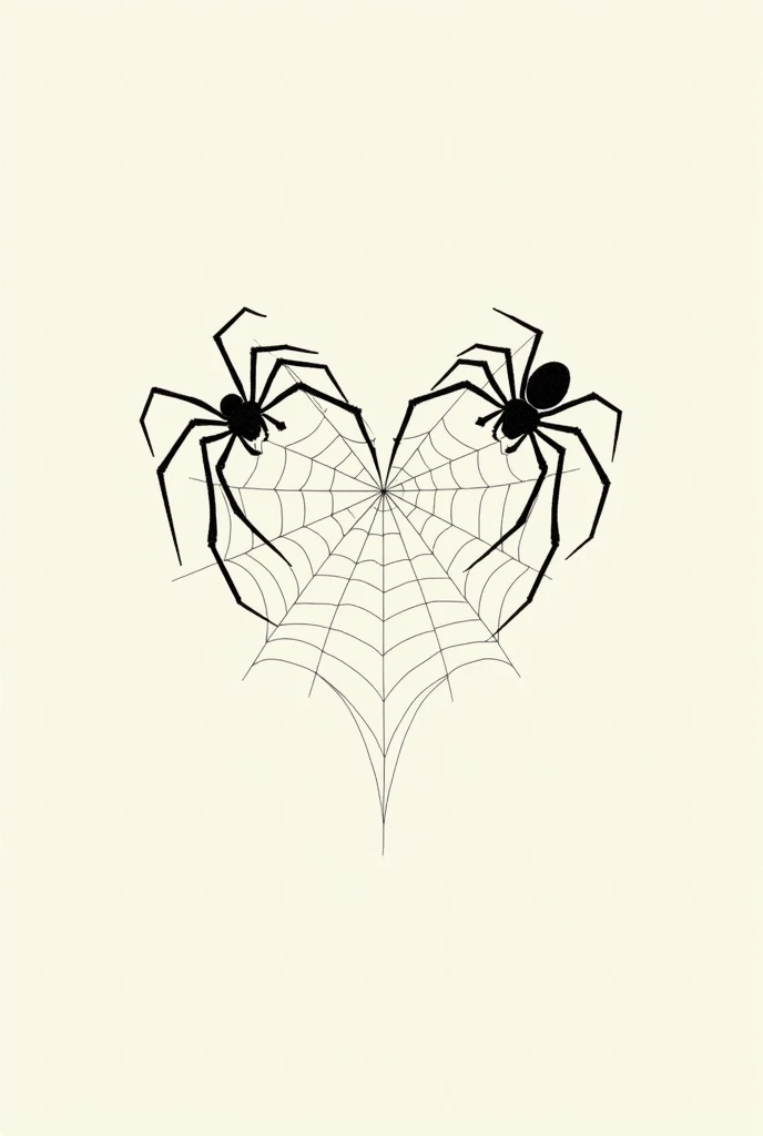 Two spiders, one on the left and one one the right make heart webs shape by their legs in the middle for tattoo, minimal and easy style