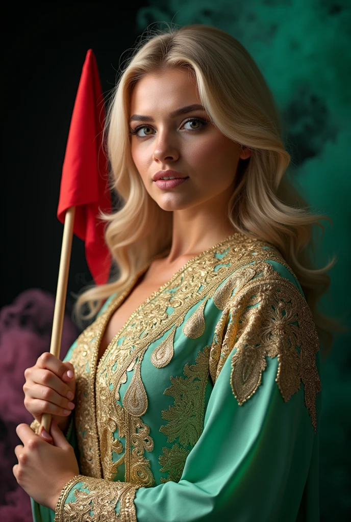 Close up, blonde, plump woman . Wearing a caftan decorated with gold and white threads embroidered with a modern and high quality technique, holding the original Algerian flag, black background with colored smoke 