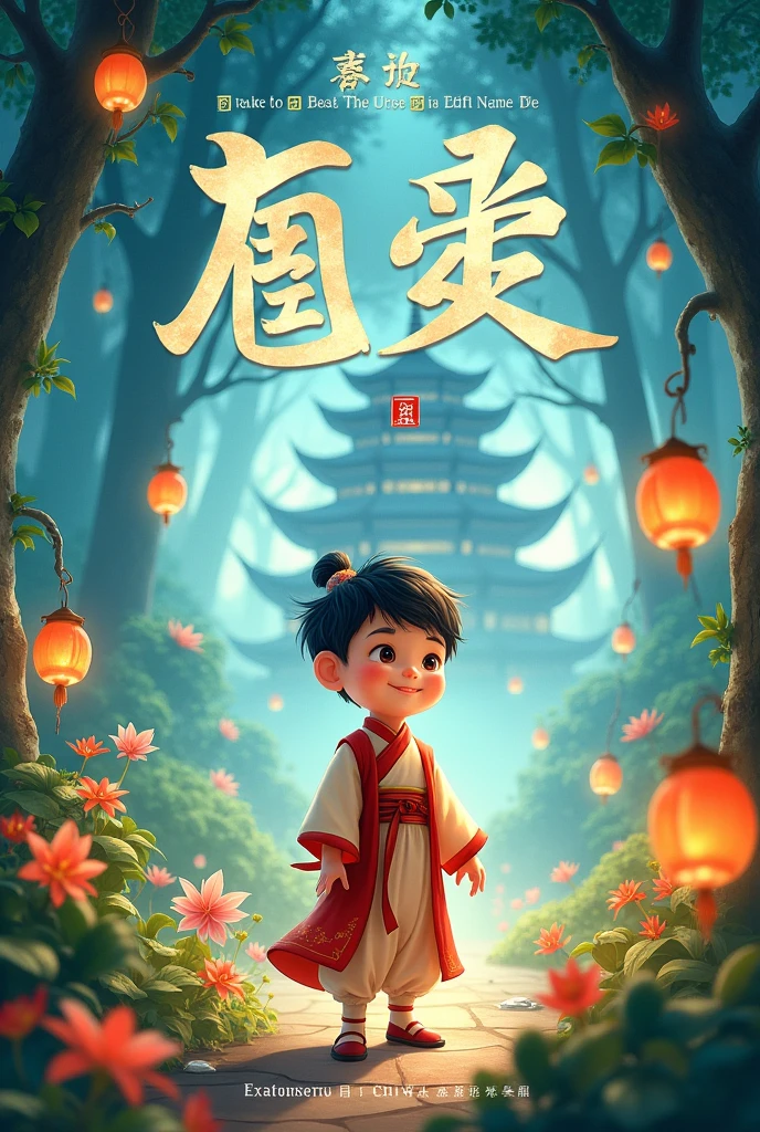 Create a storybook cover photo titled &#39;Liang Chu&#39;s journey in the magical world&#39; (The Journey of Liangchu in the Magical World) in Chinese. The cover should feature a young boy, Liangchu, with traditional Chinese attire, standing in an enchanting, mystical forest filled with glowing plants, floating lanterns, and magical creatures. In the background, a majestic pagoda can be seen surrounded by mist. The title should be prominently displayed at the top in large, elegant Chinese calligraphy. The author name &#39;Mohammad Mubashir KMT&#39; (Muhammad Mubashir KMT) should be at the bottom, with the publishing company name 'MT Studios' written as 'MT工作室'. The overall style should be vibrant, magical, and appealing to children, with a soft, warm color palette.