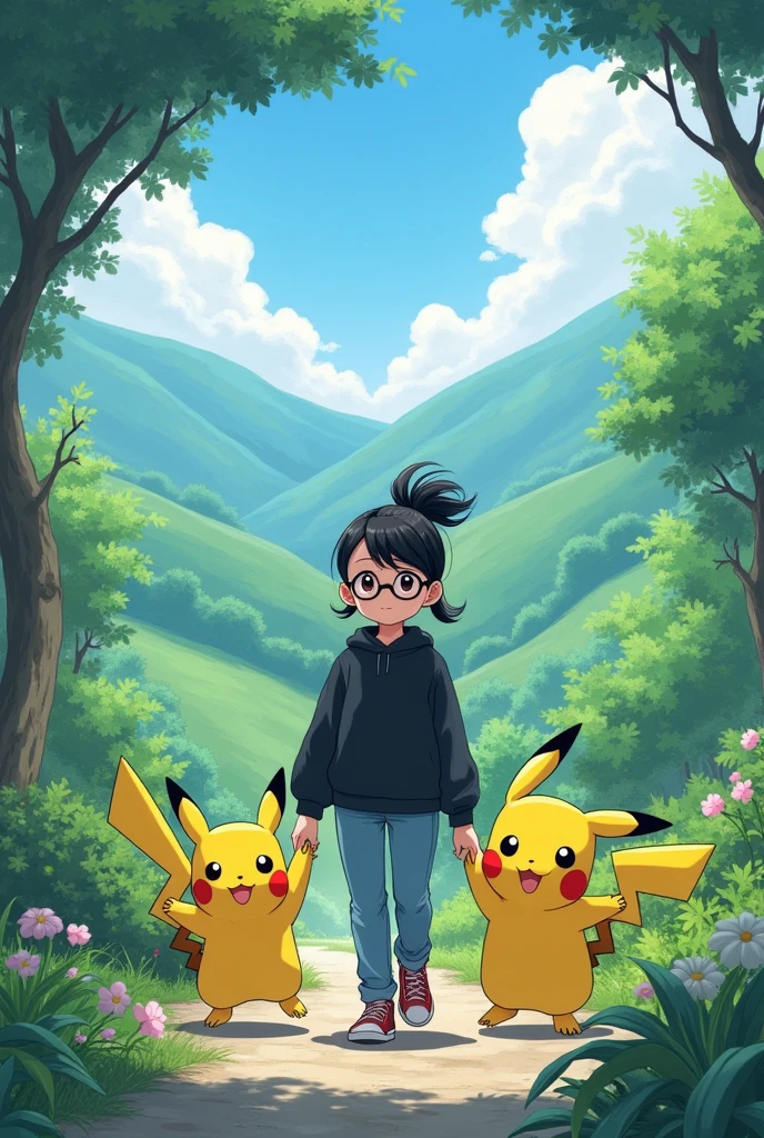 A thin girl with medium hair (pony tail) and spectacles,wearing black sweat shirt with blue jeans walking in beautiful scenery with shinchan by right hand and Pikachu with left hand 