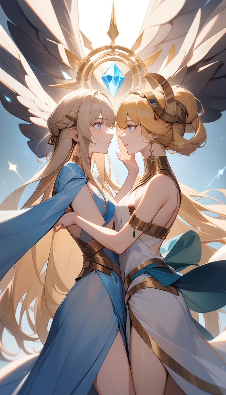 (Huang Li、high quality、Extremely detailed),Constellation - Gemini Goddess,A pair of sisters,Two goddesses face to face,Similar to Latin goodness,brave,capricious,Productivity,The face of enterprising and humanitarianism,Blonde Hair,Ancient Greek costumes、Wrap Dress,background is heavenly,Light crystal blue eyes(Eyes Details),Powerful appearance