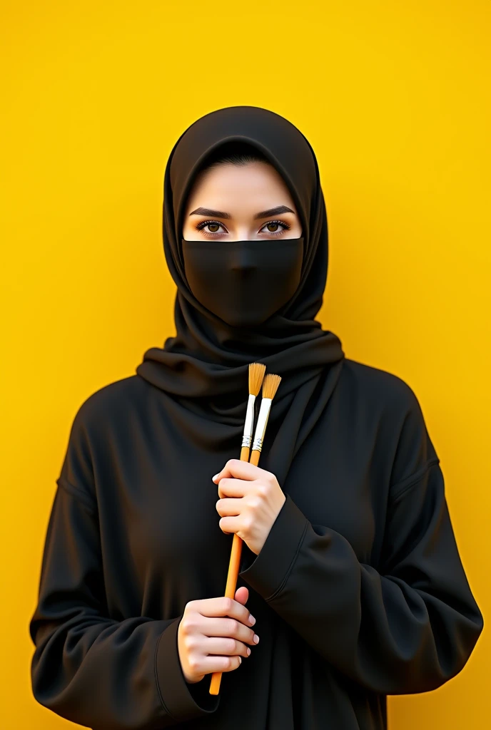 Show me a landscape image of a front view of a hijabi niqab woman holding paint brushesh in front of a yellow wall