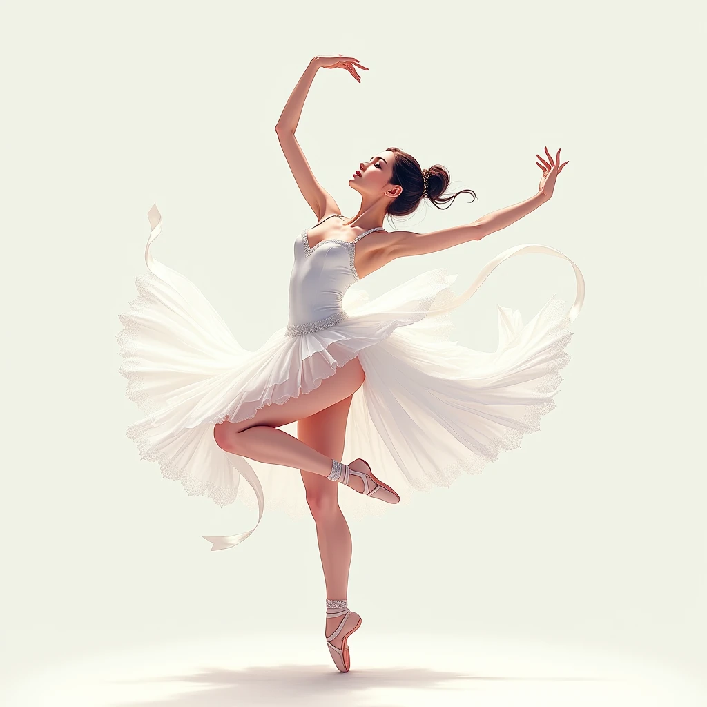 anime Illustration of a ballerina, white costume, tutu, camera perspective from underneath her thighs, showing pelvis, low shot, exposed thighs, raising arms and legs, underneath her tutu skirt, one leg raised up.