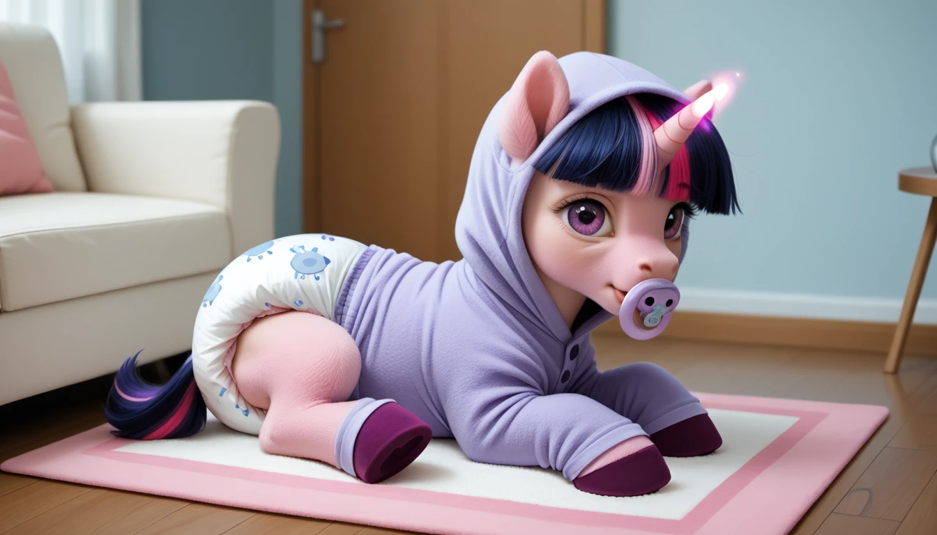 pony, Unicorn, purple wool, dark blue mane with purple streak and pink streak, the tail is dark blue with a purple strand and a pink strand, purple eyes, sitting in the room on a soft play mat, adult filly, dressed in a onesie and booties, pacifier in mouth, solo, thick diaper under clothes.
